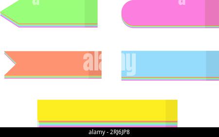 Set of 5 colorful note paper stickers of different shapes in trendy bright color on a transparent bacdrop. Colored post templates in yellow, pink, blue, green and orange. Pointer. Isolate. Vector. EPS Stock Vector