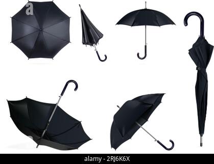 Realistic black umbrella. Umbrellas mockup, open and closed umbel render rain or sun weather accessories, dark parasol waterproof tent isolated, exact vector illustration of mockup parasol object Stock Vector