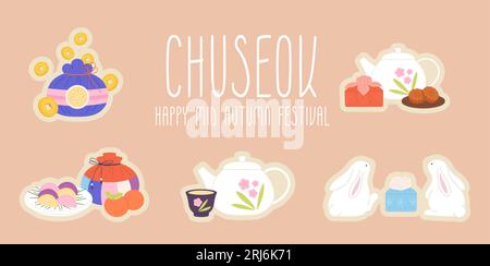Mid autumn korean festival chuseok stickers. Rabbits, money bag and cookies. Sweet asian festive desserts, tea pot and gift box, vector elements Stock Vector