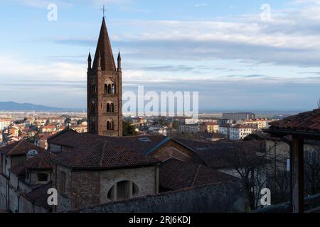 view of the Santa Maria christian church and bell tower in Rivoli historical city centre. Metropolitan City of Turin, Piedmont, Italy. Stock Photo