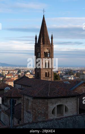 view of the Santa Maria christian church and bell tower in Rivoli historical city centre. Metropolitan City of Turin, Piedmont, Italy. Stock Photo