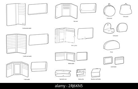 Set of Wallets, coin purses, pouches and cosmetic bags. Fashion accessory technical illustration. Organizer front for Men, women, unisex silhouette style, flat handbag CAD sketch outline isolated Stock Vector