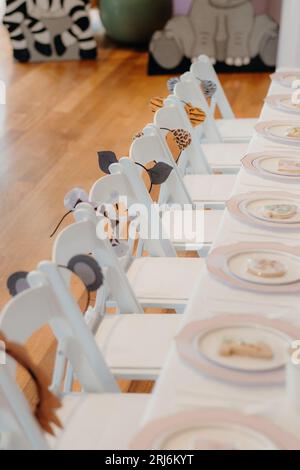 Image of a children's birthday party with chairs set up and ready to use Stock Photo