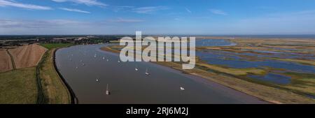 Panoramic View along coast with Quay at Orford with river Alde and orfordness ,Suffolk, England,Europe Stock Photo