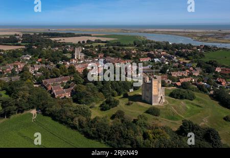 Drone shot of Village of Orford with its 12th Century Castle and coastal views of east coast, Suffolk,England,Europe Stock Photo