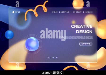 Glass morphism credit card and floating liquid shapes. template. Landing page of realistic 3d fluid geometric shapes under transparent frosted plastic plate. Rectangle bank card in glassmorphism style Stock Vector