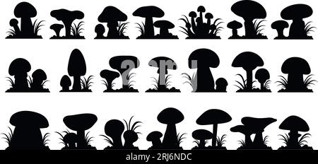 Black mushroom silhouettes, fungus in grass icons. Forest mushrooms graphic elements, decorative stickers. Nature organic vegan food, decent vector Stock Vector