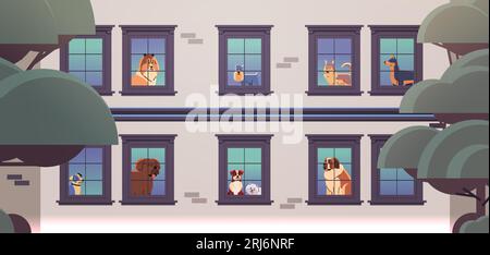 Happy national dog day greeting card various cute doggy looking out of apartment windows holiday of domestic animals Stock Vector