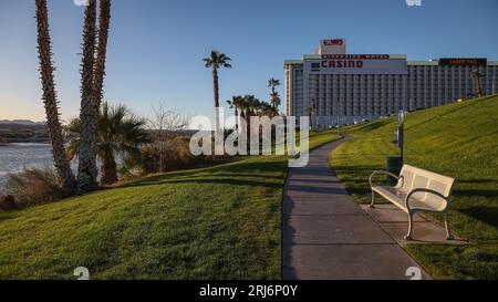 Fisherman's Access Park marks the starting point of Laughlin's Casino Riverwalk Path which parallels the Colorado River along the city's casinos. Stock Photo