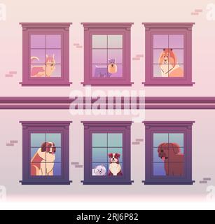 Happy national dog day greeting card various cute doggy looking out of apartment windows holiday of domestic animals Stock Vector