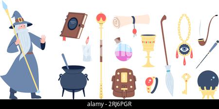 Wizard magic tools, wise old man in costume. Magical book, poison bottle and cartoon character. Isolated witchcraft flat recent vector clipart Stock Vector