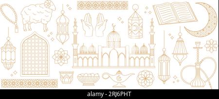 Traditional arabic symbols, golden line lantern and ornate borders. Sheep and muslim mosaic, floral decorative elements. Arab racy vector set Stock Vector