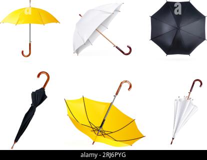Realistic umbrella. Waterproof umbel, 3d black white yellow fabric umbrellas blank mockup, inverted parasol for advertising weather rain outdoor isolated vector illustration of waterproof umbrella Stock Vector