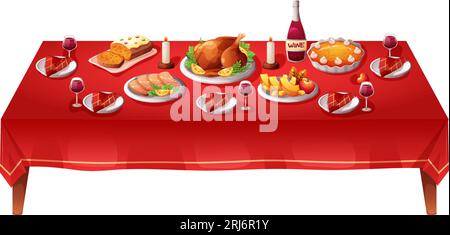 Thanksgiving dishes table. Buffet festive dinner turkey and setting meals ingredients on dining tables, autumn party celebration in dinning, dish plates vector illustration of table with food meal Stock Vector