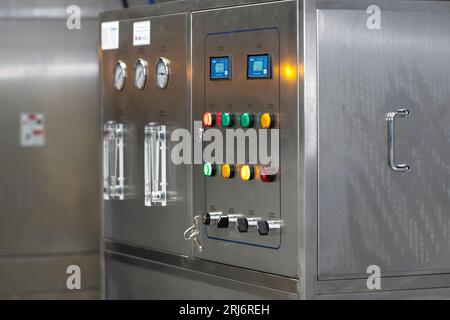 Perm, Russia - June 29, 2023: colored indicators on the control panel of the cleaning machine for printed circuit boards Stock Photo