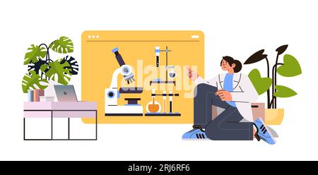 student in medical coat making chemical experiments in virtual lab scientist researcher using digital microscope distance learning Stock Vector