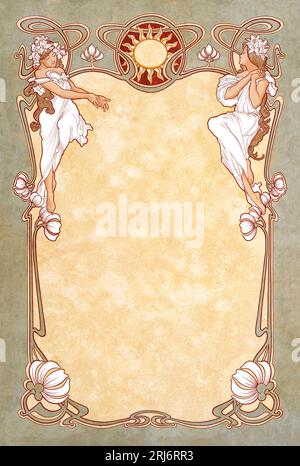 Illustrated, Imaginary, Decorative, Retro Poster in Art Nouveau Style with Blank Copy Space. Stock Photo