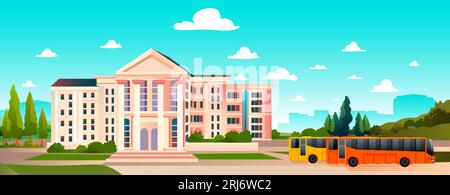 university building empty front yard with green trees road crosswalk and orange buses Stock Vector