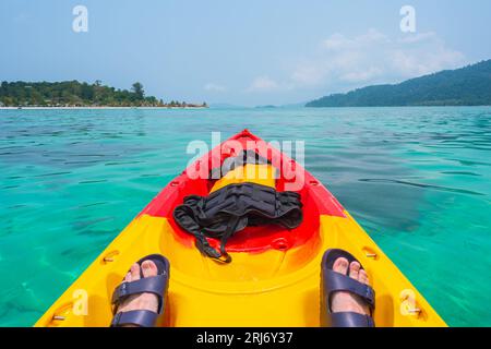 Kayaking in Thailand, with Ko Lipe (left) and Ko Adang (right) on horizon. Stock Photo