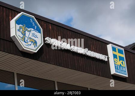 Signs and symbols, headquarters for The Swedish Ski Association (Swedish: Svenska Skidförbundet), which is a sports governing body for skiing in Sweden. Stock Photo