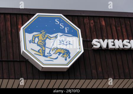 Signs and symbols, headquarters for The Swedish Ski Association (Swedish: Svenska Skidförbundet), which is a sports governing body for skiing in Sweden. Stock Photo