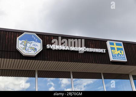 Signs and symbols, headquarters for The Swedish Ski Association (Swedish: Svenska Skidförbundet), which is a sports governing body for skiing in Sweden. Stock Photo