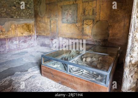 Victims of the eruption on display in the House of Menander in the ruins of the ancient city of Pompeii in the Campania Region of Southern Italy Stock Photo