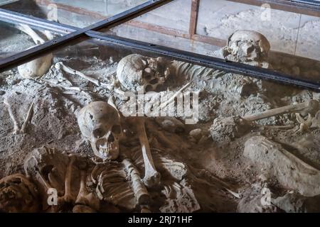 Victims of the eruption on display in the House of Menander in the ruins of the ancient city of Pompeii in the Campania Region of Southern Italy Stock Photo