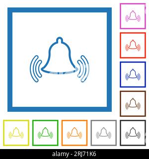 Ringing bell outline flat color icons in square frames on white background Stock Vector