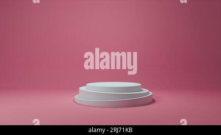 A white podium on a pink background, with a pink flooring, stands unattended in a modern setting Stock Photo