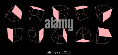 Pink wireframe cube collection. Outline cubic shapes in different angle, perspective and position. Geometric square elements for design template, icon, logo. Abstract boxes vector illustration Stock Vector