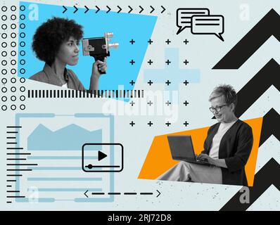 Collage with woman with camera and typing woman. Content Marketing for branding. Stock Photo