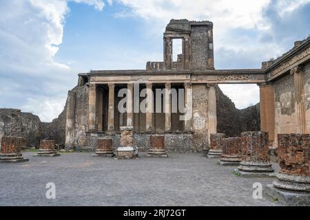 Two-tiered Tribunal of the Basilica in the Roman Forum in the ruins of the ancient city of Pompeii in the Campania Region of Southern Italy Stock Photo