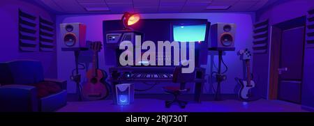 Night music record studio booth cartoon interior background illustration. Radio production equipment in dark room with lamp glow. Professional synthesizer, guitar and loudspeaker in dark workstation Stock Vector