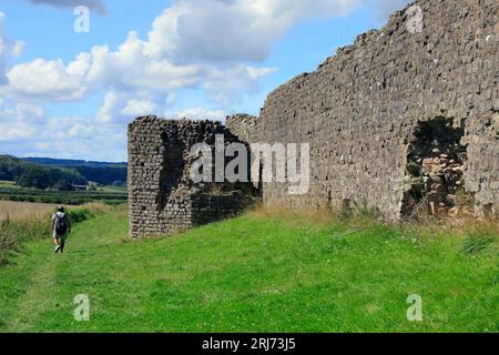 Walker enjoys path alongside well preserved and impressive Roman walls surrounding Venta Silurum, a Roman settlement, Caerwent village, South Wales. Stock Photo