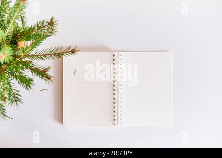 Blank sheets of opened checkered notepad, christmas tree branches, fallen needles. Minimalist composition. New Year's planning, goal setting, mockup s Stock Photo