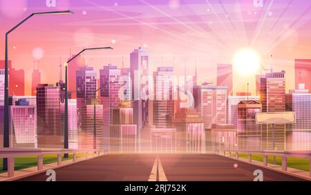 Morning cityscape with sun shining above urban highway. Vector cartoon illustration of futuristic city landscape, helicopter on roof of skyscraper, apartment houses and office buildings, pink sky Stock Vector