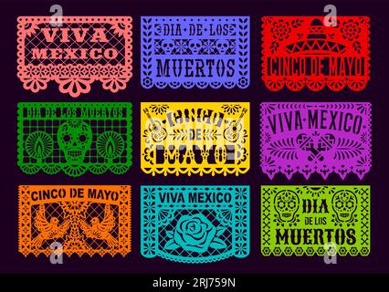 Mexican papel picado paper cut holiday flags. Cinco de mayo, day of the dead, viva Mexico. Vector traditional laser cutting decoration banners with fl Stock Vector