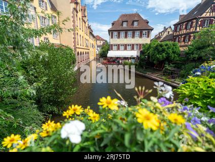 A beautiful summer view in Little Venise, Colmar, with a fine display of flowers framing the quirky Alsatian architecture surrounding the canal. Stock Photo