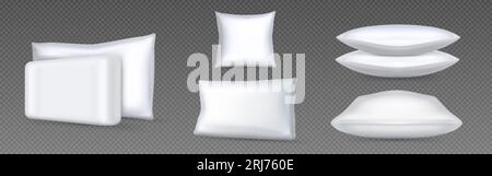White pillows for sleeping and relaxing. Realistic vector mockups of square and rectangular cushions single and in stack, side and top views - soft comfortable bedroom accessories in cotton case. Stock Vector