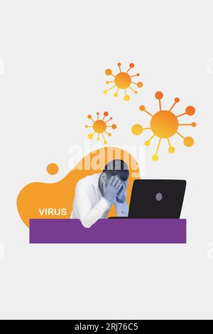Vertical collage image of unsatisfied black white effect guy hands touch head use netbook big virus bacteria isolated on creative background Stock Photo