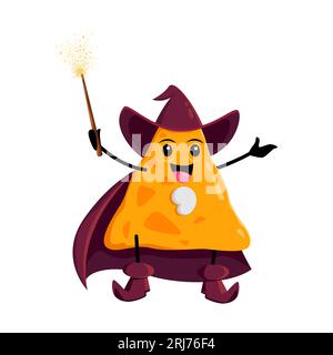 Cartoon Halloween nachos tex mex food wizard and mage character. Isolated vector whimsical and magical warlock personage who enchants spellbinding che Stock Vector