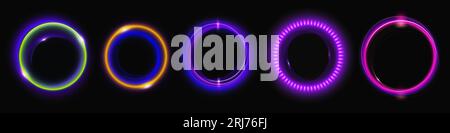 Set of round neon light flares isolated on black background. Vector realistic illustration of circular swirls glowing in darkness, halo effect, energy vortex, LED illumination, disco illumination Stock Vector