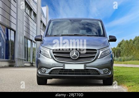 Silver Mercedes-Benz eVito electric van parked outside at a car dealership on a day of summer. Salo, Finland. August 13, 2023. Stock Photo