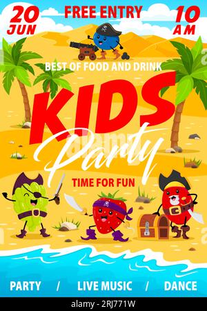 Kids party flyer with cartoon berry pirates and corsairs on island. Vector invitation poster with funny grape, strawberry, rosehip and blueberry wear Stock Vector