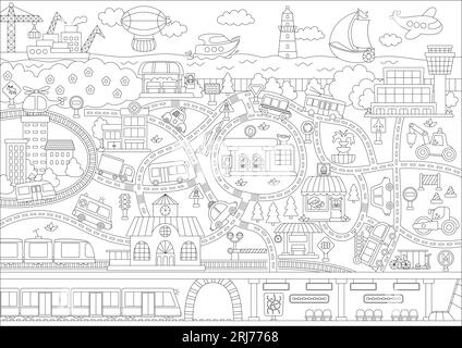 City black and white transport map. Line background with land, underground, water and air transport. Vector infographics with train, cars, tram, truck Stock Vector
