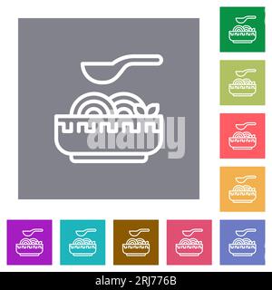 Noodle soup outline flat icons on simple color square backgrounds Stock Vector