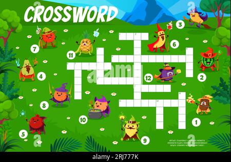 Halloween crossword quiz game. Cartoon funny fruit wizards and mages characters. Crossword wordsearch vector worksheet with apple, pineapple, banana a Stock Vector