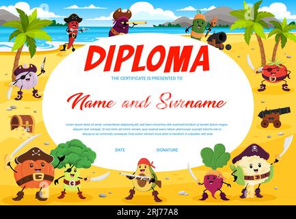 Kids diploma, cartoon vegetable pirate or corsair characters on treasure island. Vector certificate with broccoli, eggplant, radish and garlic. Tomato Stock Vector