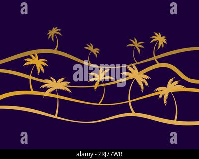 Art deco line art landscape with palm trees. Silhouettes of palm trees in golden color on a black background. Design for print decor, postcard, book c Stock Vector